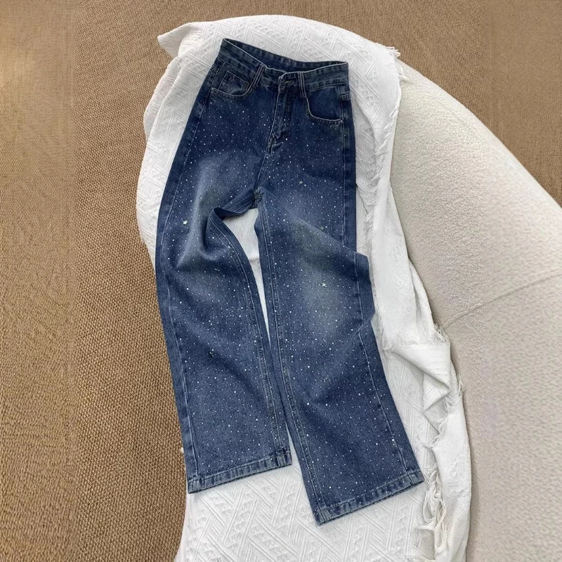 

Pant Women Jeans Vintage Stars Full Hot Drilling Wide Leg Long Pants High Waist Straight Trousers Elegant Work Casual Basic 2026