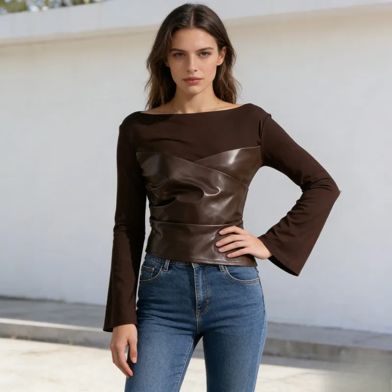 

Solid Color O Neck Pleated Leather Patchwork Flared Sleeve Women's Top Spring Autumn New Fashion Slim Fit Sexy Spicy Girl Blouse