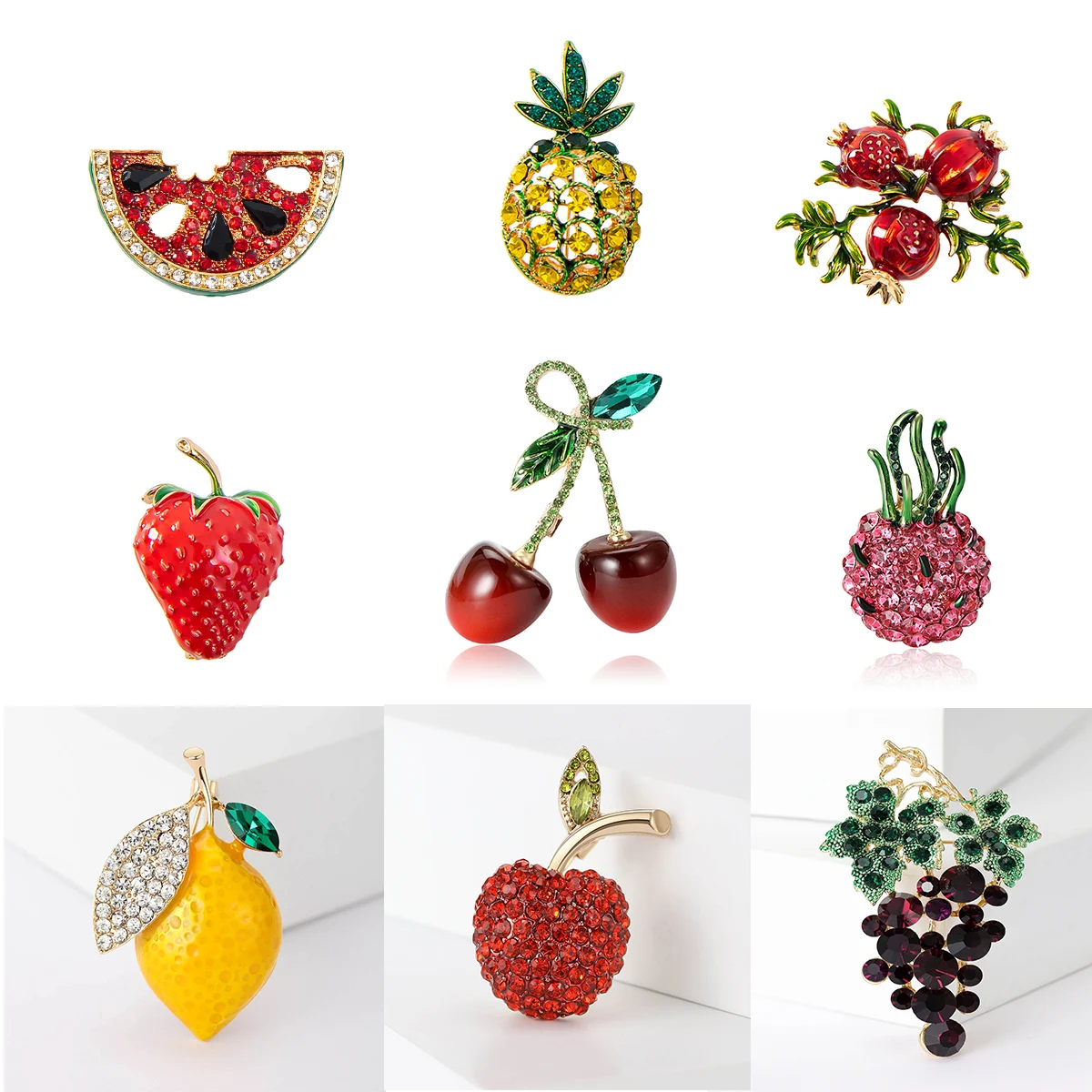 Fruits Brooch Collection Watermelon Cherry Pineapple Strawberry Apple Lemon Grape Pomegranate Cranberry Pitaya Blueberry