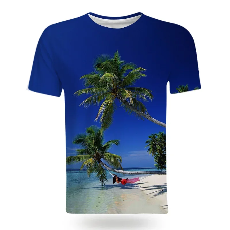 Fashion Coastal Natural Landscape Pattern T-shirt Summer Style 3d Printing Men's And Children's Casual Fun Short Sleeve Thin Top