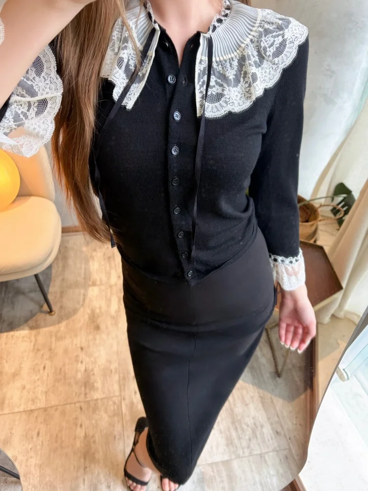 

Susan Vintage Style Women's Knitted Woolen Cardigan Lace Trimmed Collar Long Sleeve Pullover Spring Fashion Casual Top