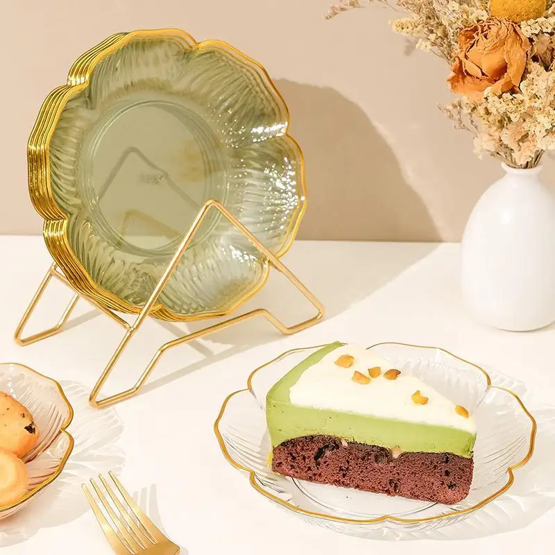 Clear Plastic Dessert Plates Gold Rim Flower Design For Afternoon Tea Snack Cake Daily Use