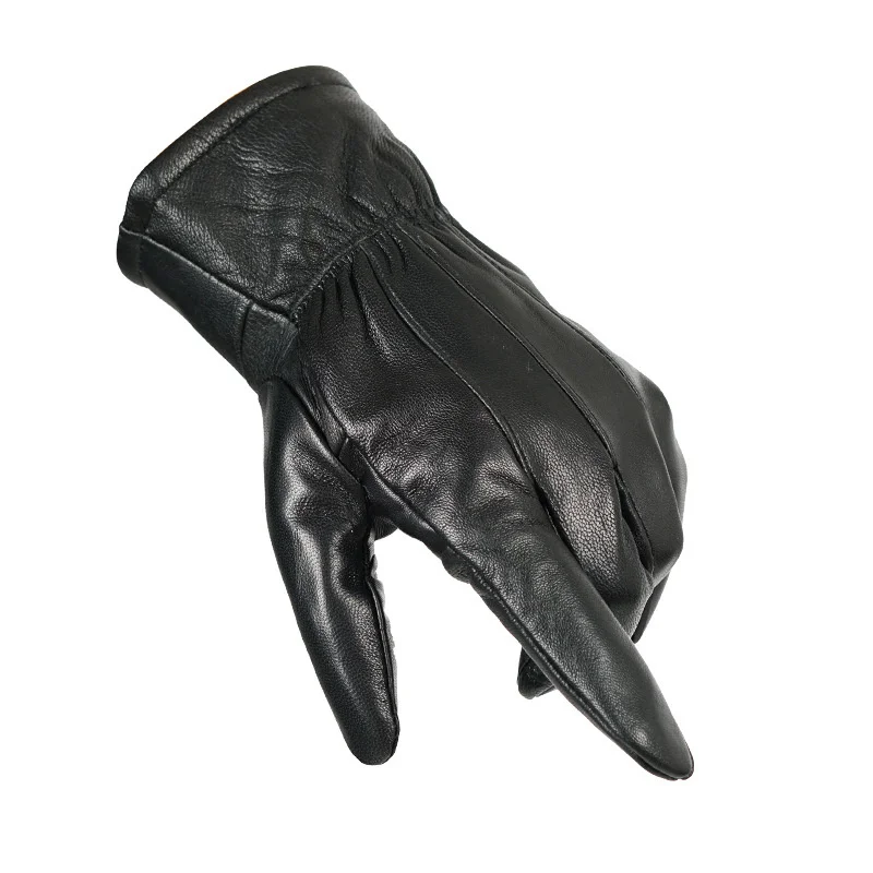 Winter Sheepskin Leather Gloves Men Warm Black Real Leather Gloves with Velvet Lining Driving Cycling Running Ski Gloves