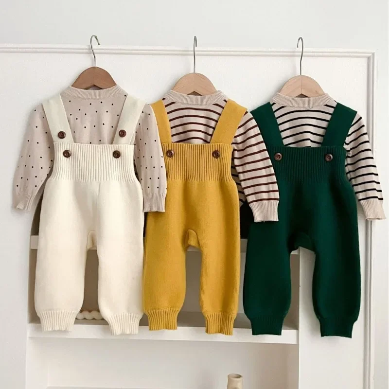 HoneyCherry Baby Autumn Knit Bib Pants Fashion Solid Color Knit Sweater Pants Baby Leggings Girls