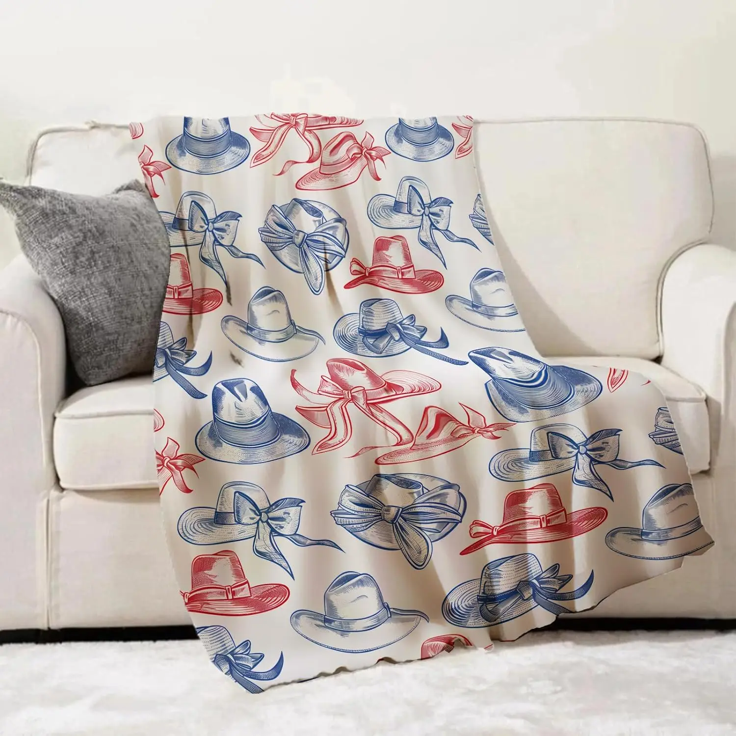 Vintage Hat Throw Blanket for Adults Kids, 50x60 in, Red and Blue Bow Ribbon Hat Theme Flannel Blankets for Bedroom,