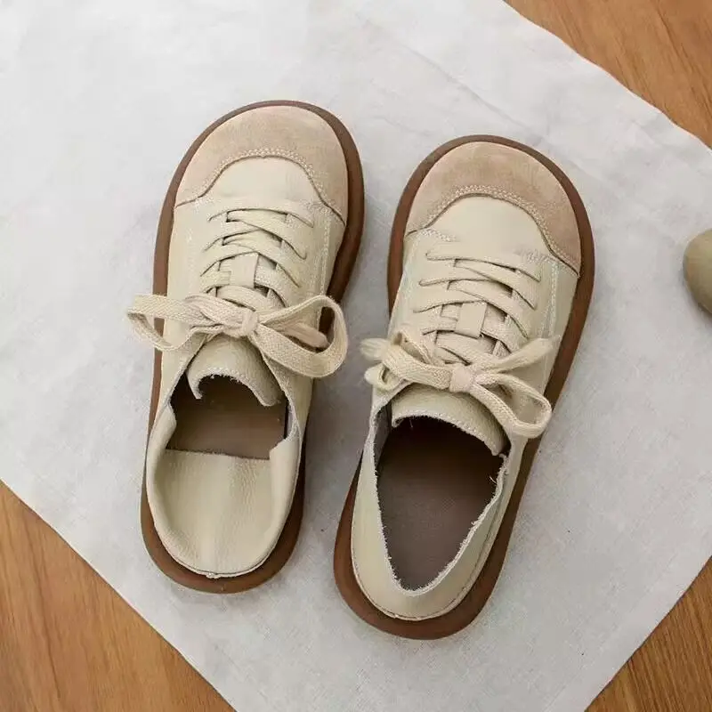 

Wide Toe JK Shoes 42 Women's Autumn Lace Up Flats Girl Harajuku Half Slipper Sneakers Woman Split Leather Mules Vulcanized Shoes