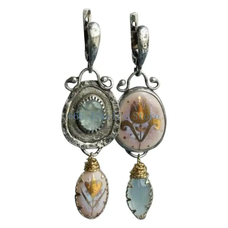 F2TD Blue Flower Earrings Geometric Zinc Alloy Construction Statement Jewelry
