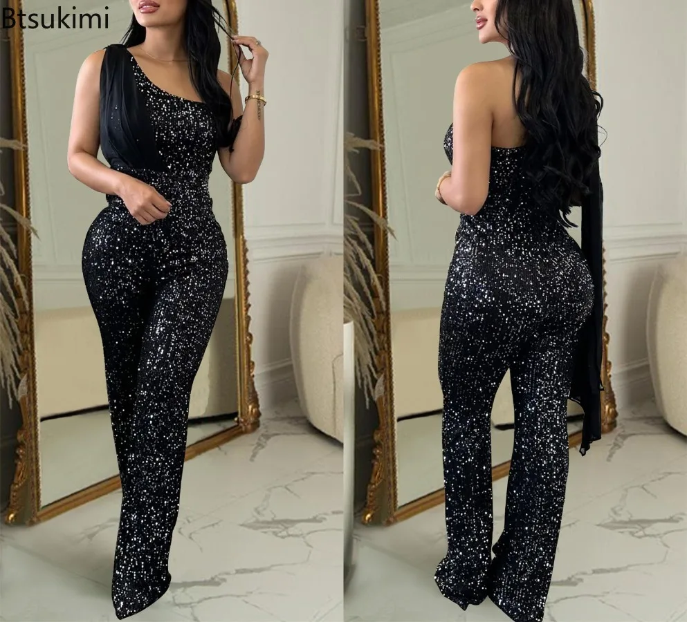 Fashion Sequin Jumpsuit Women's Sexy Single Shoulder Sleeveless Slim Rompers Luxury One Piece Pants Womens Party Birthday Outfit