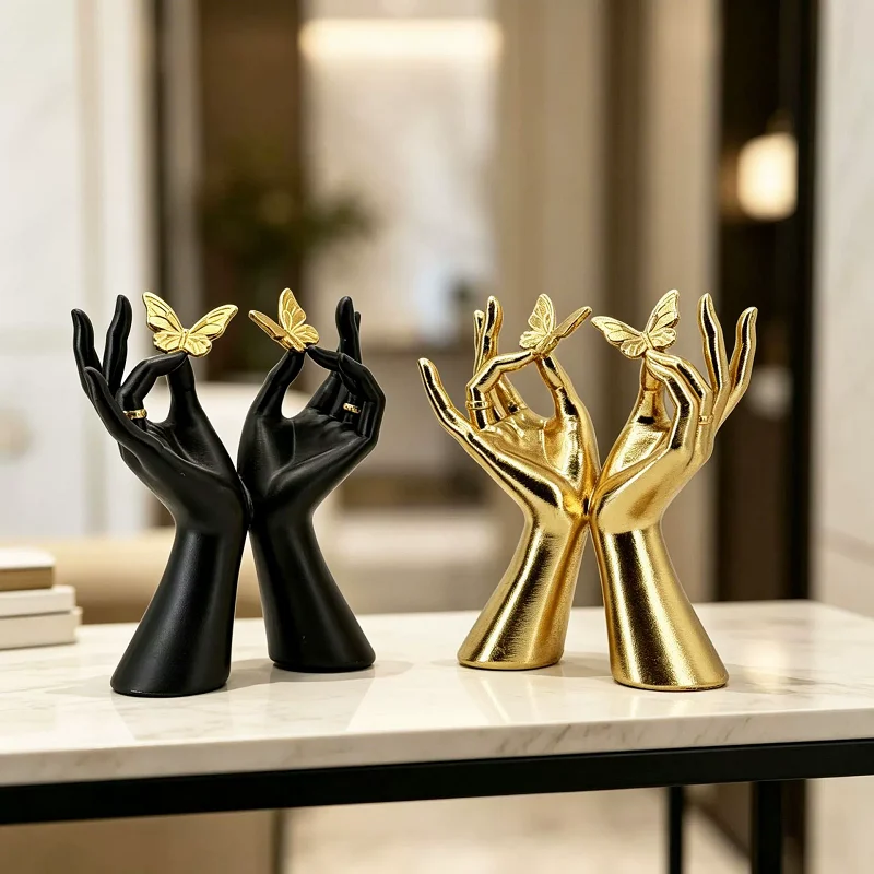 Light luxury living room entrance decoration with golden hand picked butterfly resin ornaments, home art desktop ornaments
