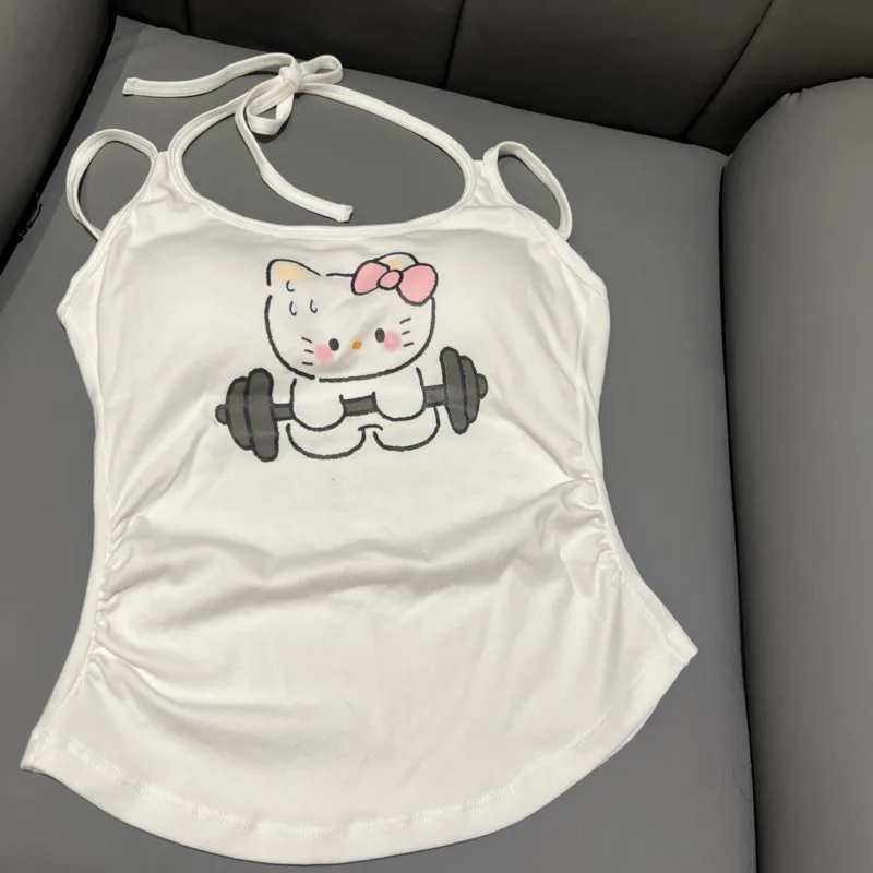 Sanrio Hello Kitty Summer New Daily Leisure Fitness Vest Yoga Integrated Cup Hanging Neck Vest Simple Design Printed Sports Top