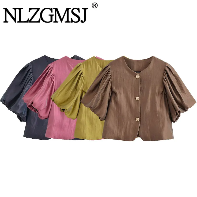 Nlzgmsj 2026 Sommer Damen Satin Puffärmel Bluse Rundhals Einreihiges Kurzes Oberteil Elegante Einfarbige Freizeithemden