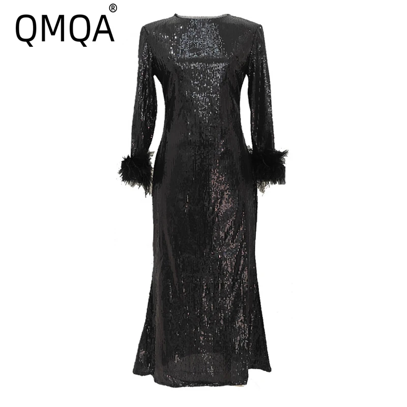 

QMQA Fashion Women's Elegant Dresses Sequin Embroidery Splicing Feather Long Sleeve Slim Fit Dress 2025 Spring Female New QM13
