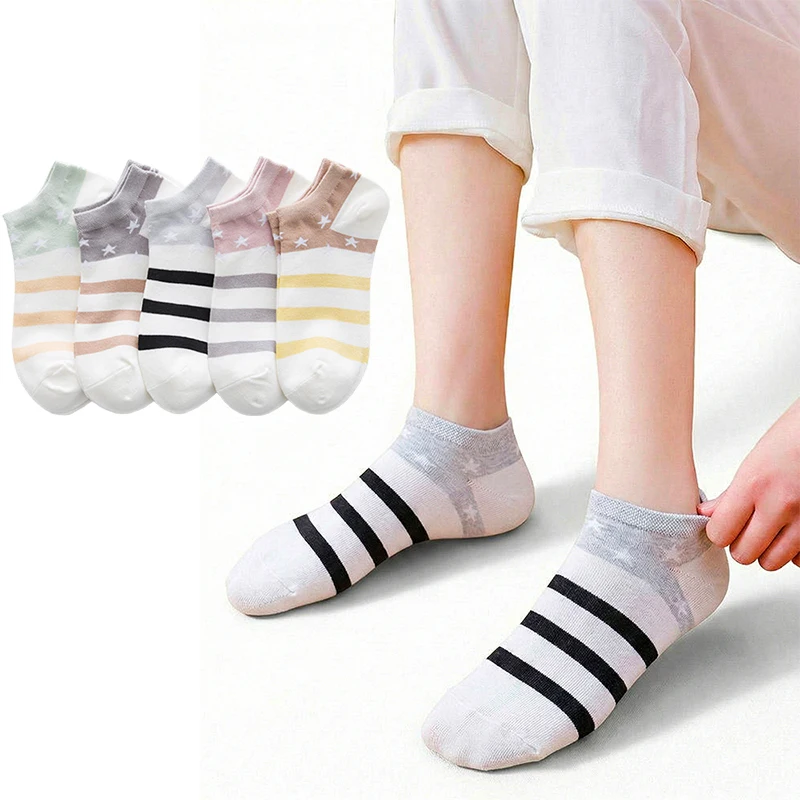 5 pares de calcetines para mujer, diseño de rayas y cinco estrellas, bonitos calcetines tobilleros informales de algodón transpirable estilo Harajuku para chicas