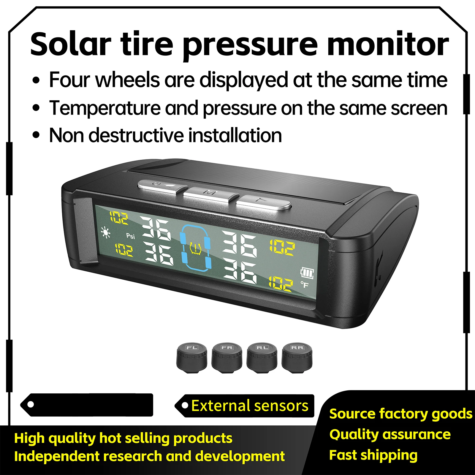 TPMS 4 External Sensors  Solar Tyre Pressure Monitoring System Parking Sensors For Cars Temperature Tire Air Pressure Gauge