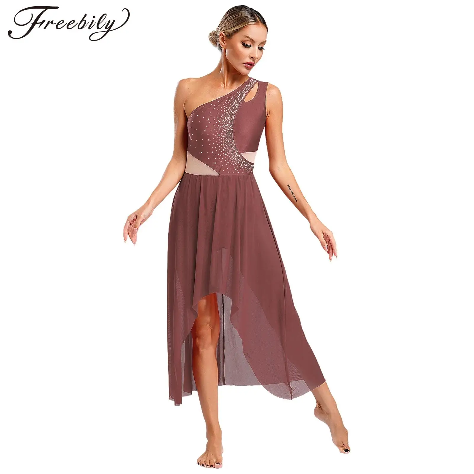 Womens Lyrical Dance Costume Flowy Mesh One Shoulder Cutout High-Low Flowy Mesh Dress Modern Contemporary Ballet Dance Wear