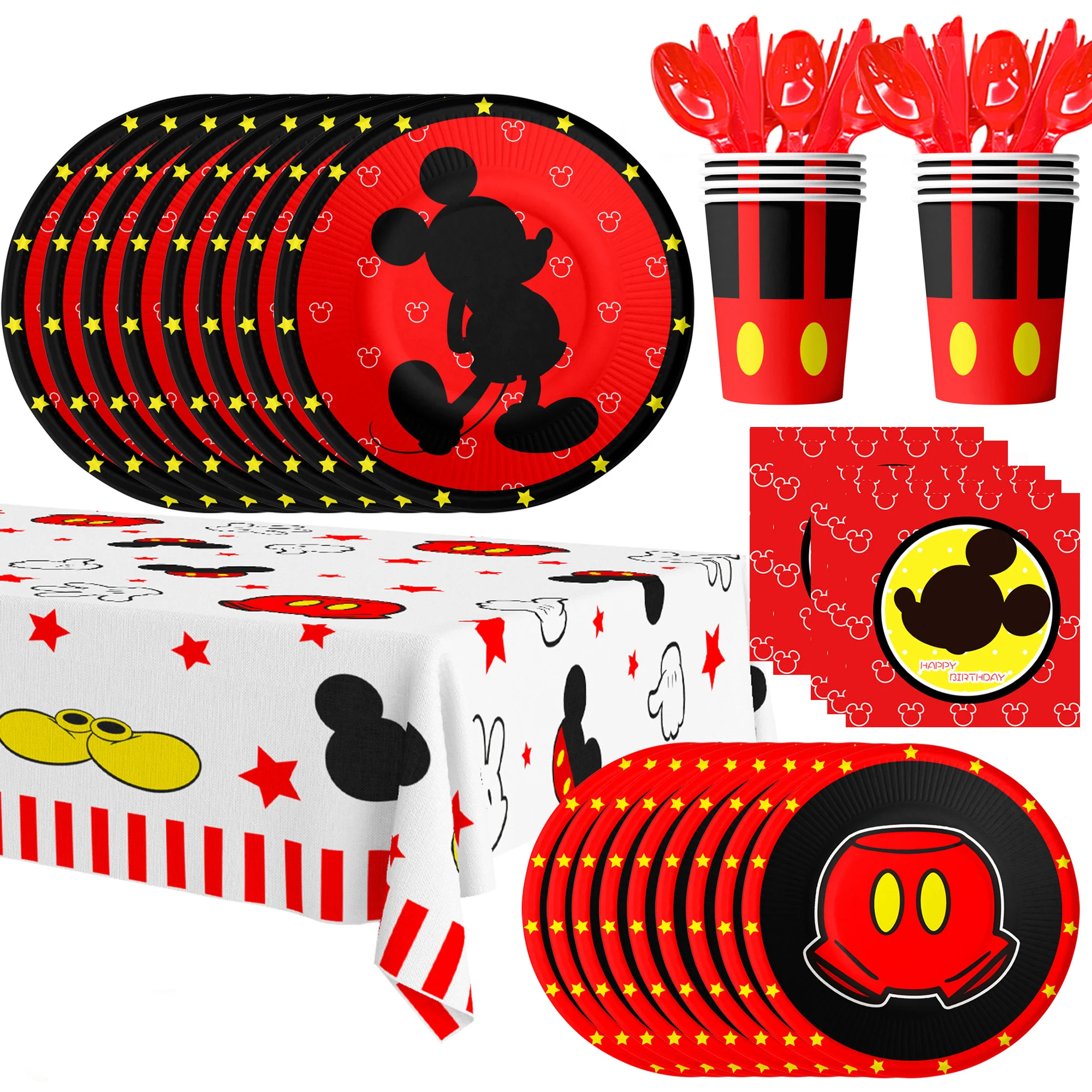 Cartoon Birthday Party Supplies,141pcs Cartoon Birthday Tableware Set - Cartoon Plates Napkins Cups and Mickey Themed Tablecloth