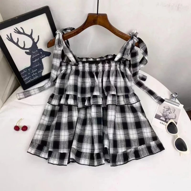 

Sweet Bandage Pleated Tanks Summer New Sleeveless Off Shoulder Loose Lacing Plaid Trend T Shirt Tops Fashion Sweet Women Clothes