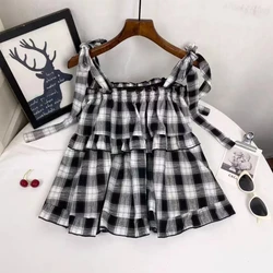 Sweet Bandage Pleated Tanks Summer New Sleeveless Off Shoulder Loose Lacing Plaid Trend T Shirt Tops Fashion Sweet Women Clothes