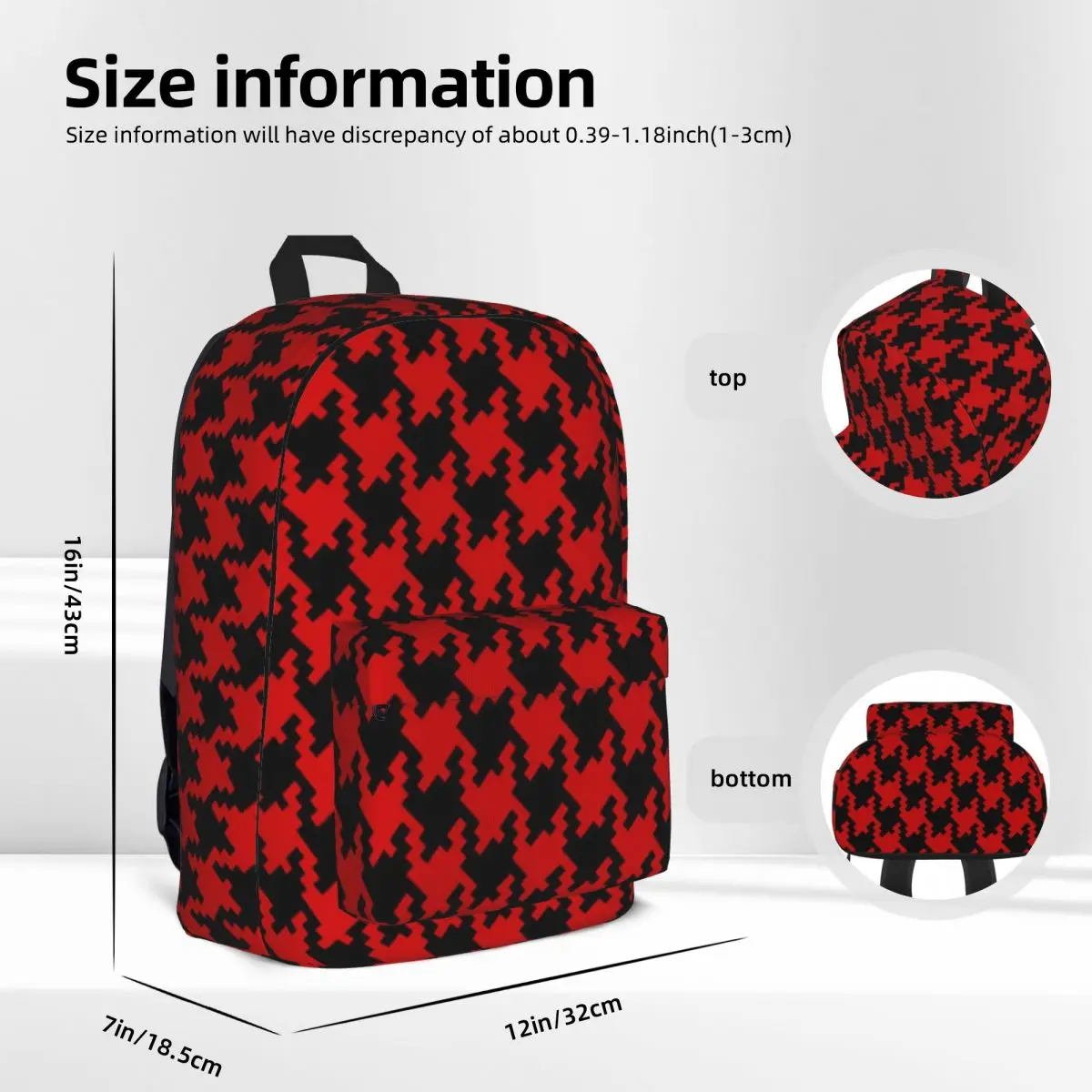 Black Red Houndstooth Backpack Student Check Print Durable Backpacks Polyester High School Bags Daily High Quality Rucksack