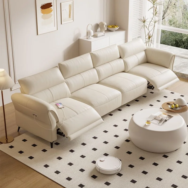 Electric leather sofa bed, straight row three or four-person combination, living room sofa solid wood bed
