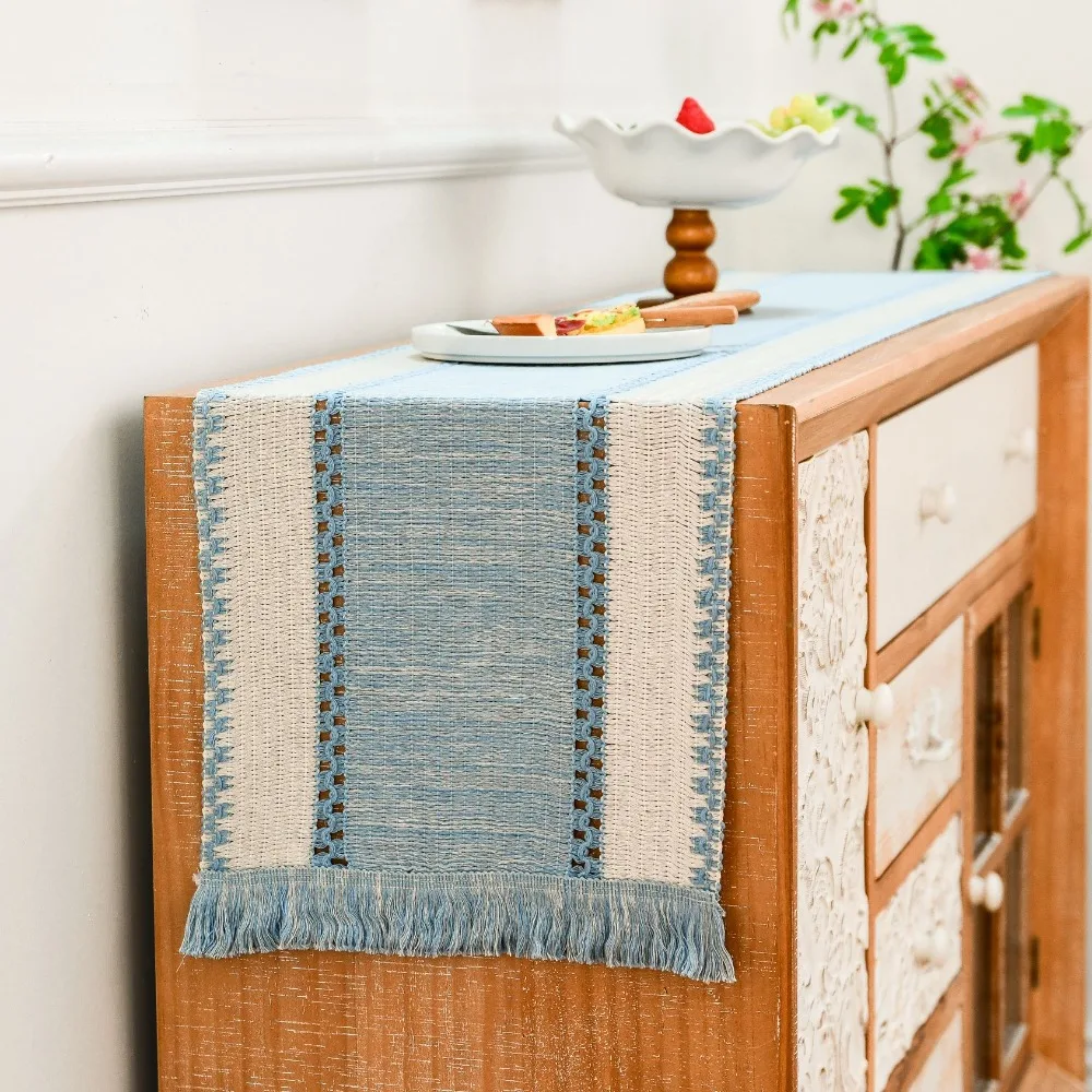 Splicing Color Farmhouse Table Runner Rectangular with Gradient Tassel Table Cover Stain-resistant Non-slip Cabinet Cover Towel