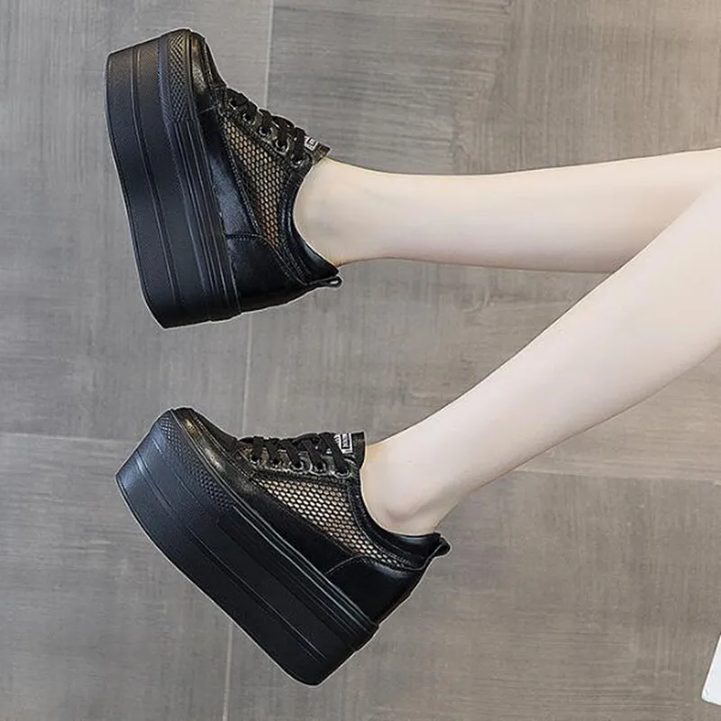 11 سنتيمتر أحذية منصة المرأة الصيف تنفس شبكة الإناث أحذية رياضية موضة سميكة وحيد المرأة جلد طبيعي إسفين حذاء مكتنزة #5