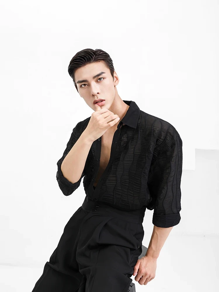 ZYMdancestyle Long Sleeves Latin Dance T-shirt Men\'s Practice Top Wear Deep V Neckline Seethrough Design Charles Shirt #N007