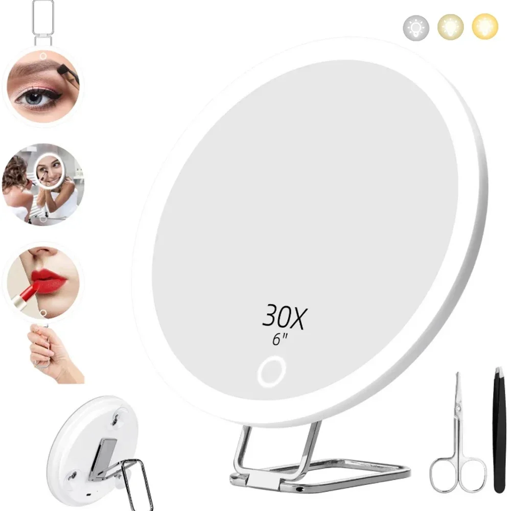 Tweezers & Scissors 30x Magnifying Mirror Set LED-Lit Magnifying Makeup Mirror 30x Magnification Makeup Mirror Portable Travel