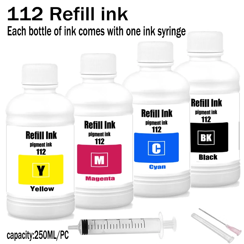 

250ML 112 T112 Refill Pigment Ink For Epson Ecotank L6490 L6550 L6570 L6580 L11160 L15150 L15160 L15180 M15140 M15180 Printer