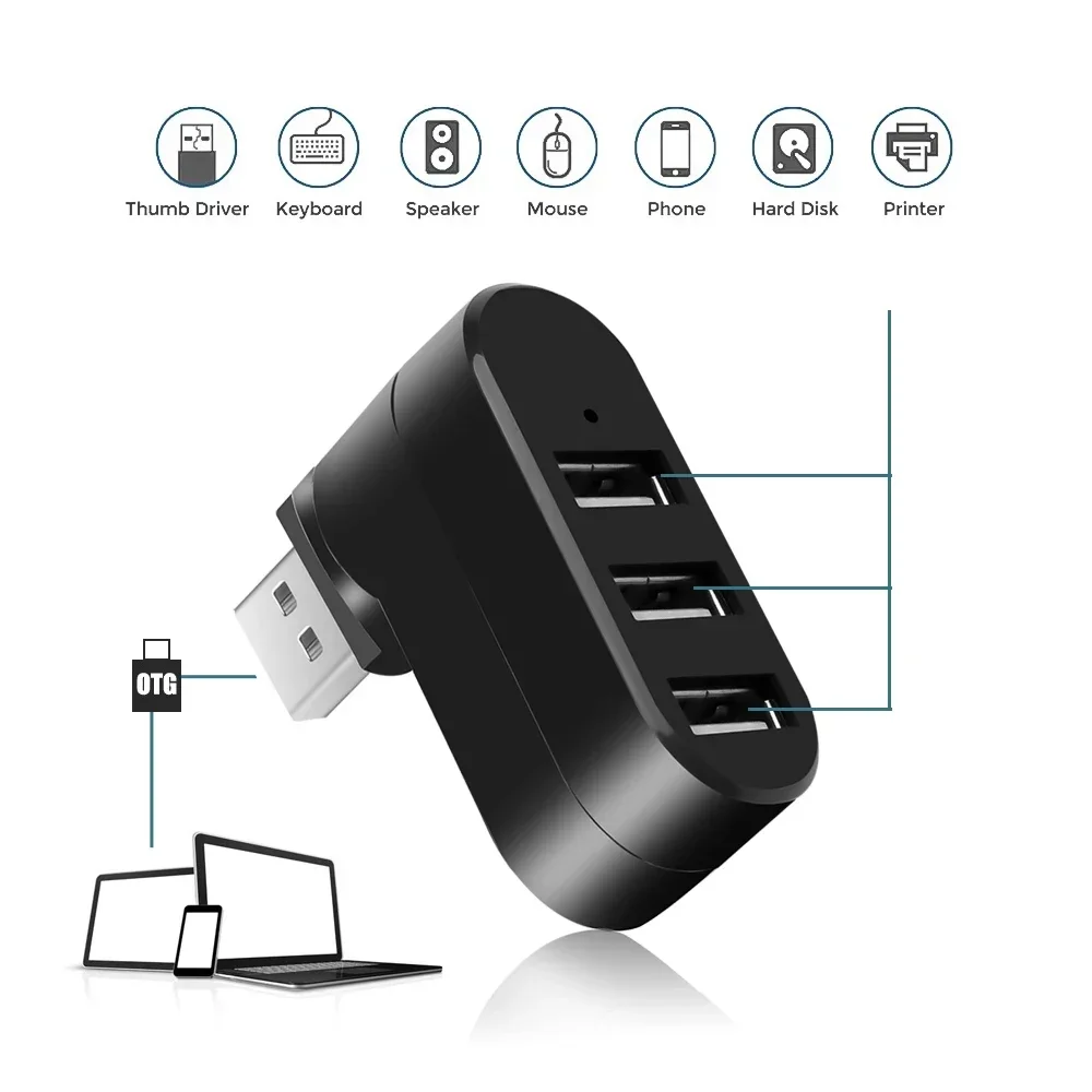 USB 2.0 HUB Adapter 180°Rotatable 3 Port USB 2.0 HUB High Speed Splitter For Mac Lenovo Xiaomi PC Tablet Huawei Accessories