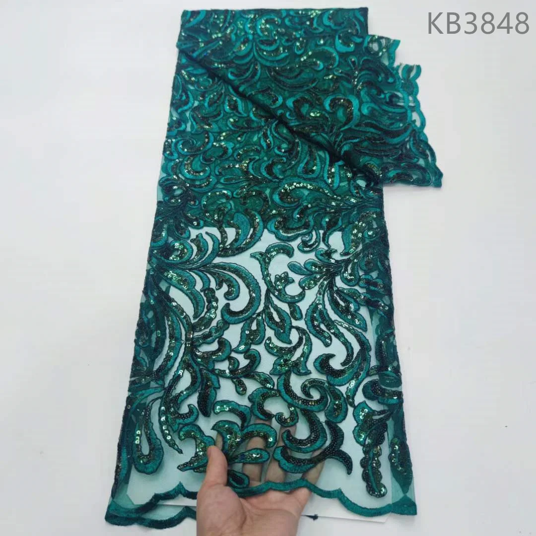 

2024 High Quality Nigerian Sequins Fabric Lace Latest Embroidered Tulle Lace with Sequence Green French Mesh For Sewing KB3848