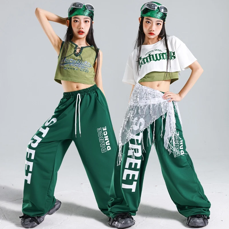 Abbigliamento da ballo jazz Ragazze Hip Hop Costumi di danza di strada Crop Top Shuffle Pantaloni Bianco Verde Abito alla moda Kpop Stage Outfit AMY1947