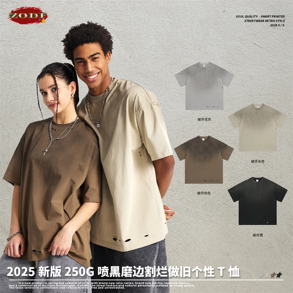 

Retro Summer Men 250gsm Washed Cotton T-Shirts Unisex Oversized Distressed Cut Holes O Neck Tee Shirt Tops HY1034