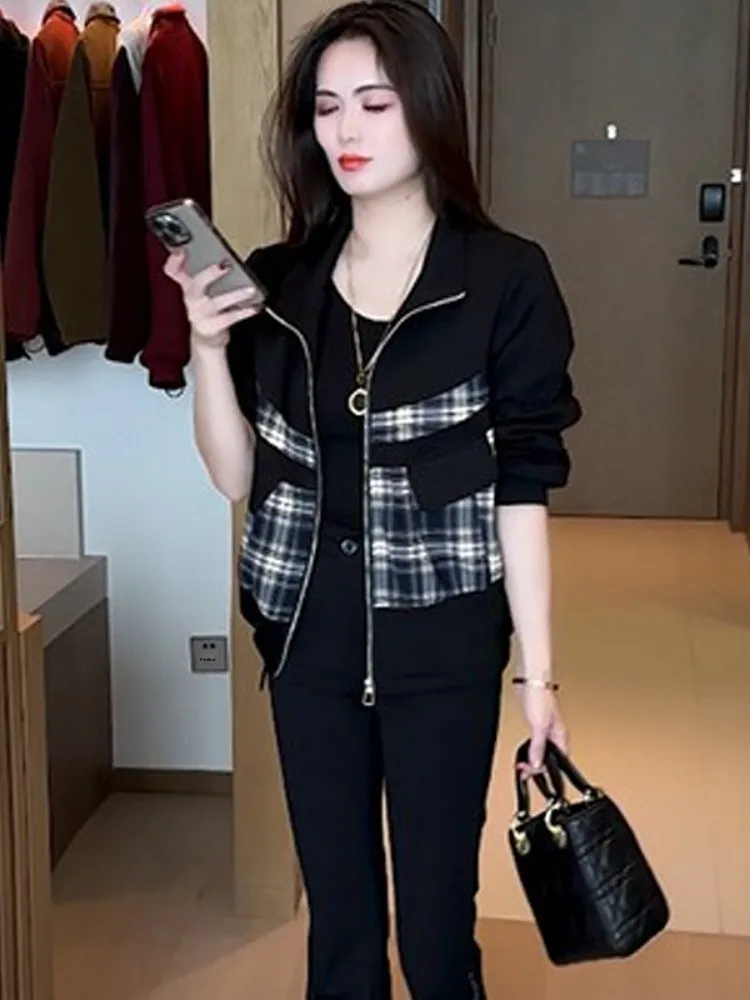 

Модная повседневная верхняя одежда для женщин: элегантное пальто маленького размера с молнией, длинными рукавами и клетчатым узором