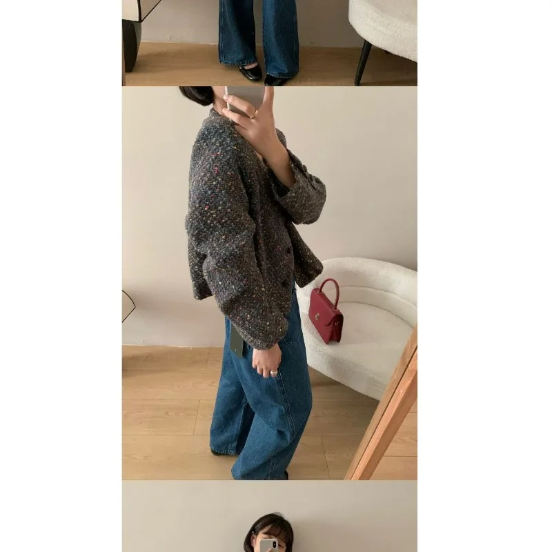 Kolorowy płaszcz w stylu retro dla kobiet na jesień, luksusowy, luźny, uniwersalny krótki tweedowy top w stylu zagranicznym.