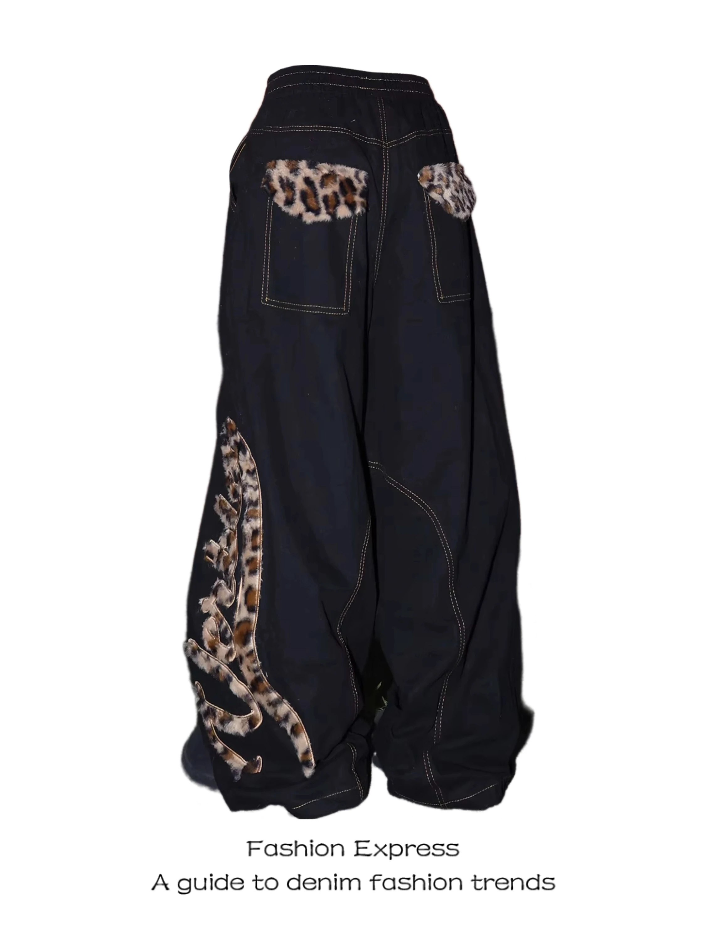 

Tiger Print Splicing Denim Pants Women's Autumn Winter American Retro Patchwork Embroidery Loose Wide Leg Trendy Jeans