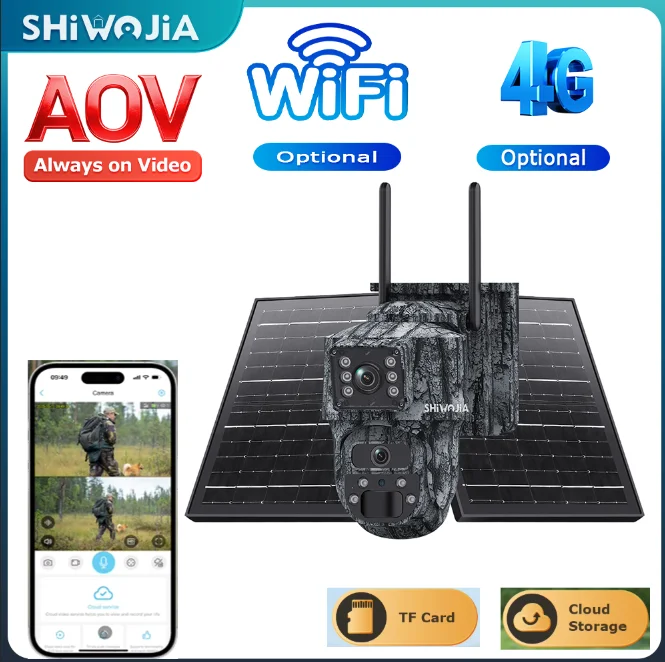 SHIWOJIA 4G SIM AOV 24/7 Camouflage Color Dual Lens 6MP Solar Battery Camera Security PTZ Camera Night Vision HI EASY App