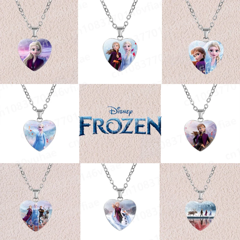 New Animated Movie Disney Frozen Series Love-shaped Gem Pendant Children's Cartoon Necklace Elsa Princess Girls' Jewelry Gifts