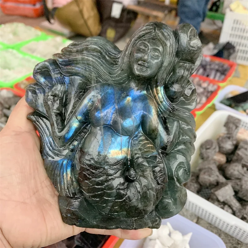 

Natural Labradorite Crystal Goddess Hand Carved Crafts Healing Polished Quartz Gemstone Statue For Home Decoration 1pcs