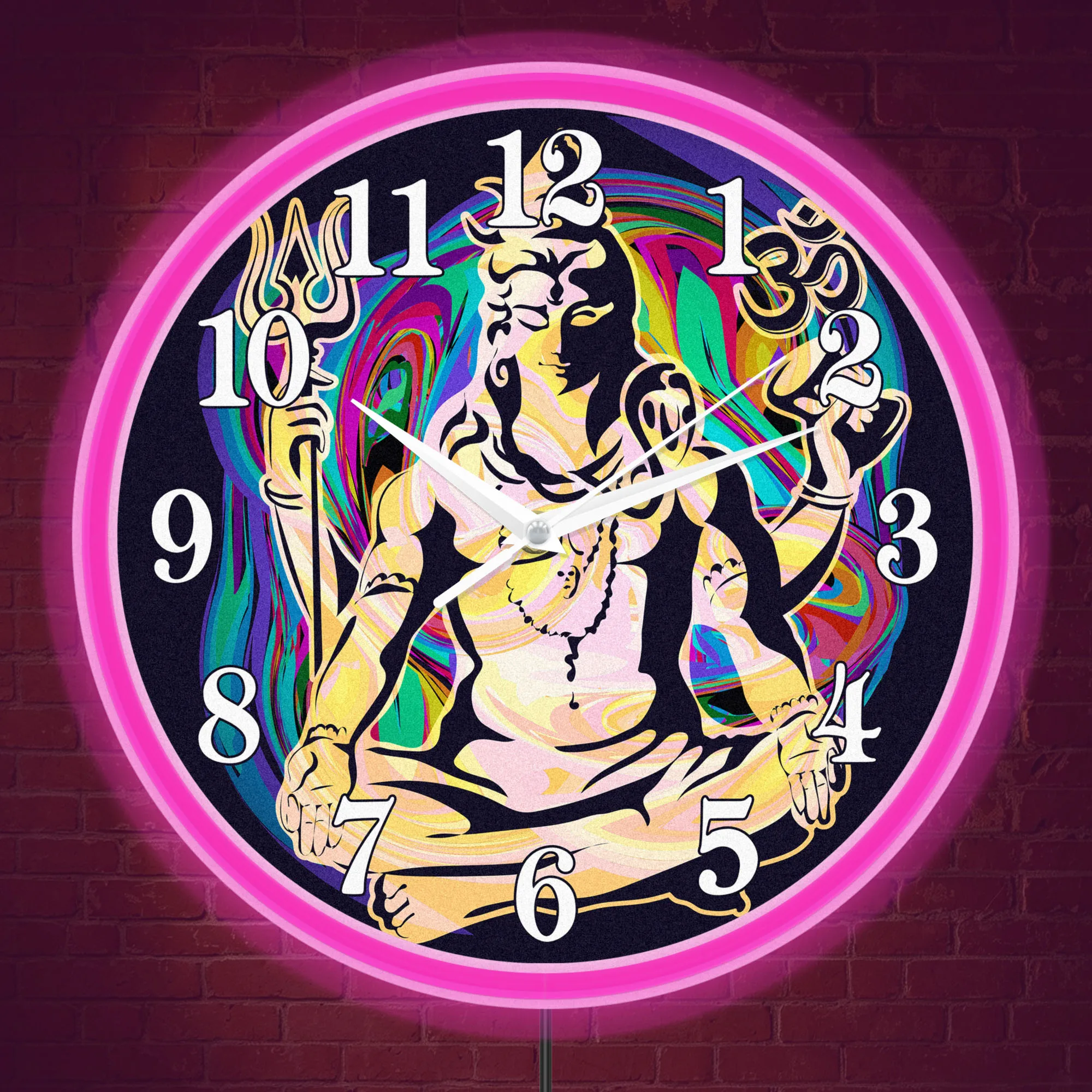 Psychedelic Shiva LED Light Up Wall Clock Illuminated Om Sign Hindu Mythology Decorative Neon Light Clock for Meditation Room