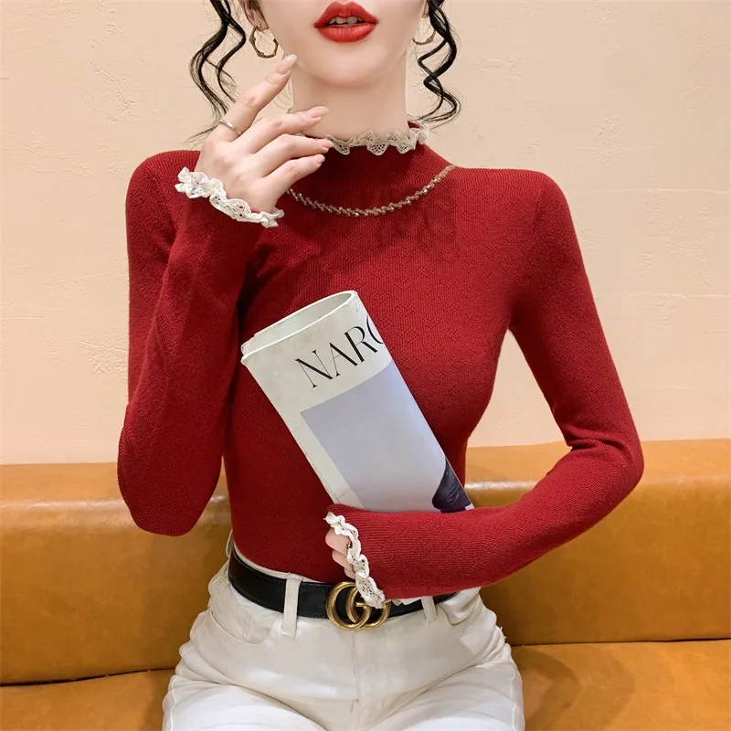 

Женский вязаный свитер Ele с кружевными вставками и высоким воротником, с пайетками, осенне-зимний, приталенный, базовый, для повседневной носки, из мягкой ткани