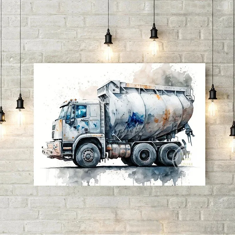 Watercolor Child Toy Car Poster Construction Truck Fire Engine Ambulance Canvas Painting Nordic Wall Art Picture Kids Room Decor