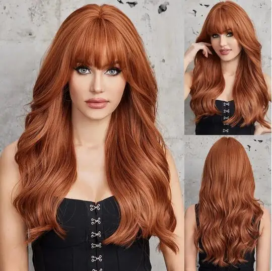 

Long Red Brown Copper Ginger Synthetic Wigs for Women Wavy Natural Hair Wigs with Bangs Cosplay Wigs Heat Resistant Fiber