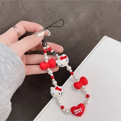 Hello Kitty Faux Pearl Beaded Keychain Bracelet Phone Strap Chain Jewelry Camera Chain Bead Pendant Portable Strap Accessories