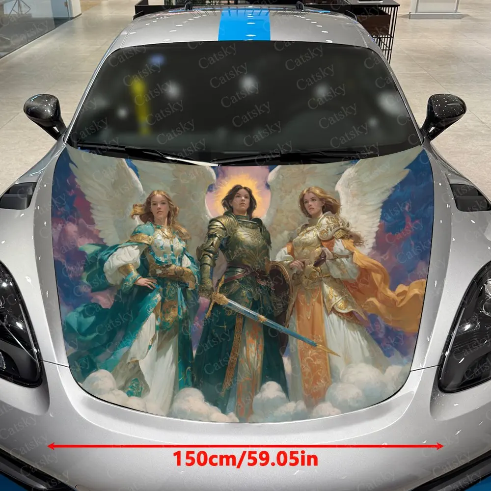 Three Fighting Angels PVC Sticker For Car Hoods, Long-Lasting Car Accessories For Hood Packaging, Gifts For Father'S Day