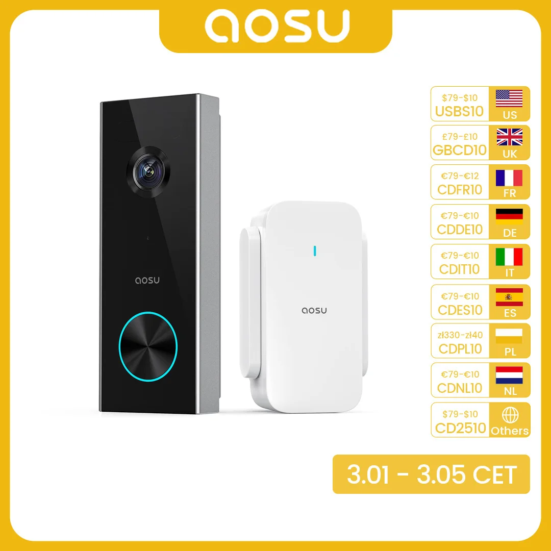 AOSU 3MP WiFi Doorbell Built-in Battery Wireless Video Intercom AI Human Detection 2-way Audio Smart Door Bell Support Alexa