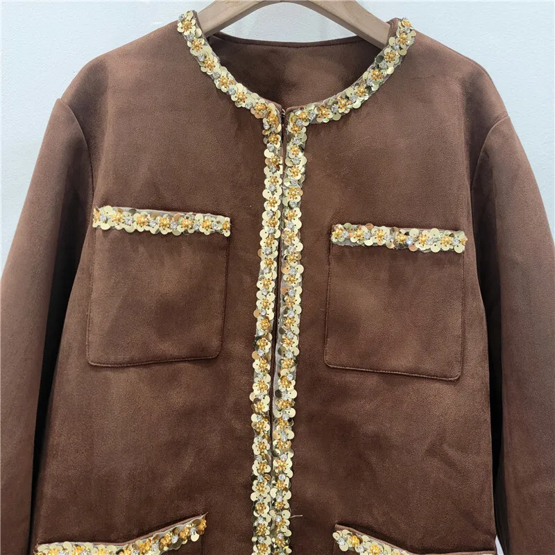 HKSH Lente Herfst Nieuwe Vrouwen Faux Suede O-hals Multi-pocket Zware Ambachtelijke Lovertjes Franse High-End Luxe Elegante Ins jas HK13808