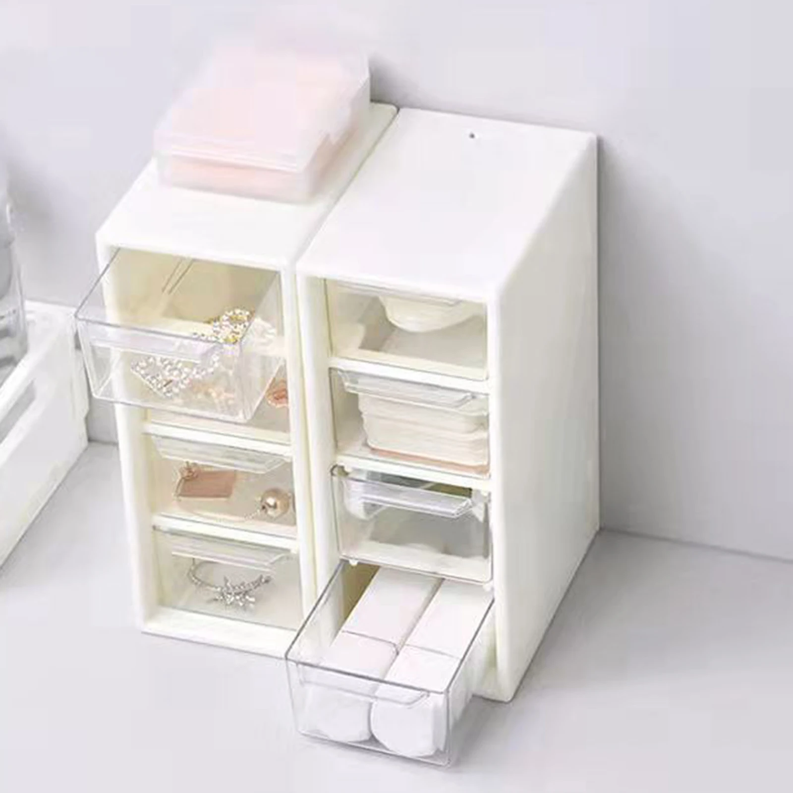 Plastic Small Organizer Box Cosmetic Storage Box with 4 Drawer Units Container Case Small Organizer Box for Office Home Makeup