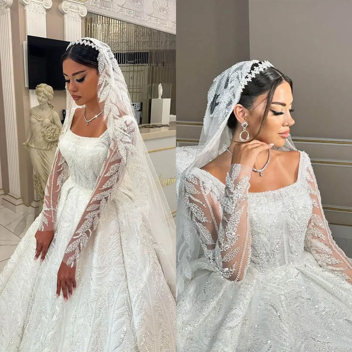 Customized Princess Ball Gowns With Veil Beaded Sequins Beading Square Neck Wedding Dress Sweep Train Lace Bridal Dresses