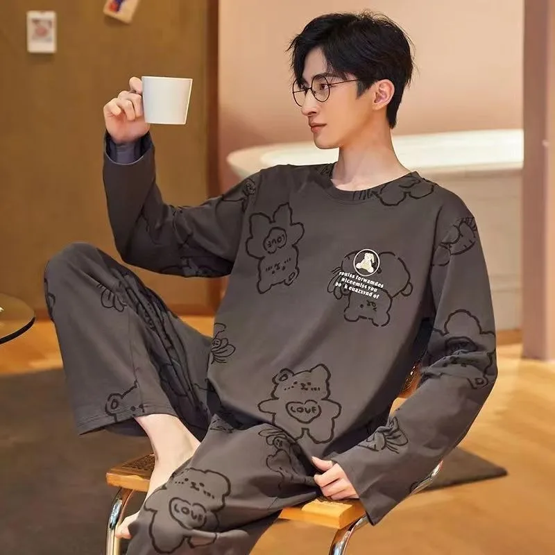 Plus Size Men Pajamas Cartoon Long Sleeve Trousers Student Sleepwear Loungewear Two-Piece Set Round Neck Striped Homewear